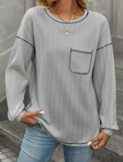 New Women's Texture Sweatshirt T Shirt Plain Fashion Modern Casual Long Sleeve Crew Neck Regular Tops Daily Weekend Pocket Beige Gray Summer Spring Women Hoodies & Sweatshirts