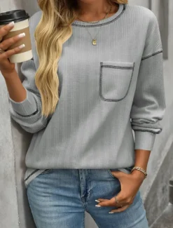 New Women's Texture Sweatshirt T Shirt Plain Fashion Modern Casual Long Sleeve Crew Neck Regular Tops Daily Weekend Pocket Beige Gray Summer Spring Women Hoodies & Sweatshirts