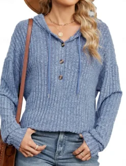 Online Women's Texture Sweatshirt Pullover Hoodie Sweatshirt Plain Casual Long Sleeve Hooded Regular Tops Street Dailywear Buttons Blue Fuchsia Gray Spring Fall Women Hoodies & Sweatshirts