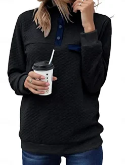 Hot Women's Texture Sweatshirt Waffle Sweatshirt Casual Plain Dailywear Turtleneck Buttons Long Sleeve Black Pink Gray Fall Winter Women Hoodies & Sweatshirts
