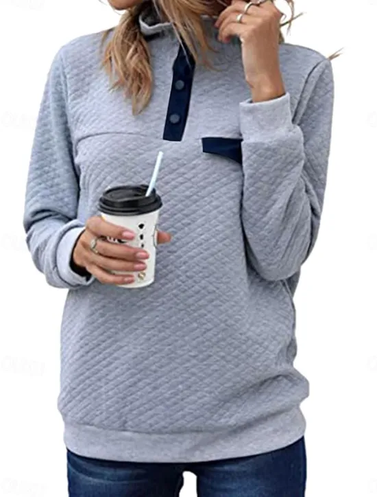 Hot Women's Texture Sweatshirt Waffle Sweatshirt Casual Plain Dailywear Turtleneck Buttons Long Sleeve Black Pink Gray Fall Winter Women Hoodies & Sweatshirts