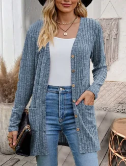 Hot Women's Textured Jackets Cardigan Casual Solid Color Plain Ribbed Asymmetrical V Neck Pocket Buttons Twisted Long Sleeve Regular Tops Knit Daily Wine Army Green Spring Fall Women Jackets