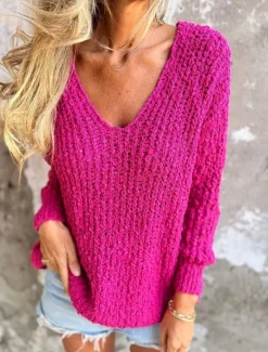 Best Women's Textured Sweater V Neck Fuzzy Knit Fall Winter Outdoor Elegant Fashion Daily Long Sleeve Solid Color Blue Fuchsia Women Pullovers & Tops