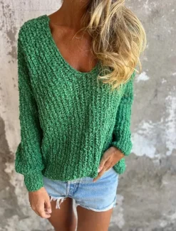 Best Women's Textured Sweater V Neck Fuzzy Knit Fall Winter Outdoor Elegant Fashion Daily Long Sleeve Solid Color Blue Fuchsia Women Pullovers & Tops