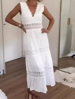 Online Women's Thanksgiving Day Maxi Dress Dress Solid Color Romantic Classic Daily Date Vacation Lace Zipper Sleeveless V Neck Dress Regular Fit Summer Spring S M L XL XXL Women White Dresses
