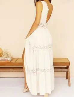 Online Women's Thanksgiving Day Maxi Dress Dress Solid Color Romantic Classic Daily Date Vacation Lace Zipper Sleeveless V Neck Dress Regular Fit Summer Spring S M L XL XXL Women White Dresses