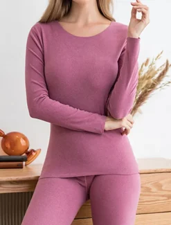 Outlet Women's Thermal Set Pure Color Warm Casual Comfort Home Daily Going out Warm Crew Neck Long Sleeve Pant Elastic Waist Fall Winter Home Outfits Women Pajama-Setter
