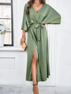 Best Women's Tiered Dress Maxi Dress Split Thigh Party Formal V Neck 3/4 Length Sleeve Batwing Sleeve Black Wine Green Color Women Work Dresses