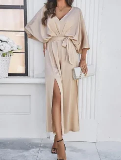 Best Women's Tiered Dress Maxi Dress Split Thigh Party Formal V Neck 3/4 Length Sleeve Batwing Sleeve Black Wine Green Color Women Work Dresses