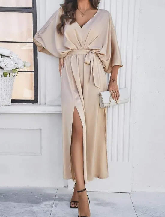 Best Women's Tiered Dress Maxi Dress Split Thigh Party Formal V Neck 3/4 Length Sleeve Batwing Sleeve Black Wine Green Color Women Work Dresses