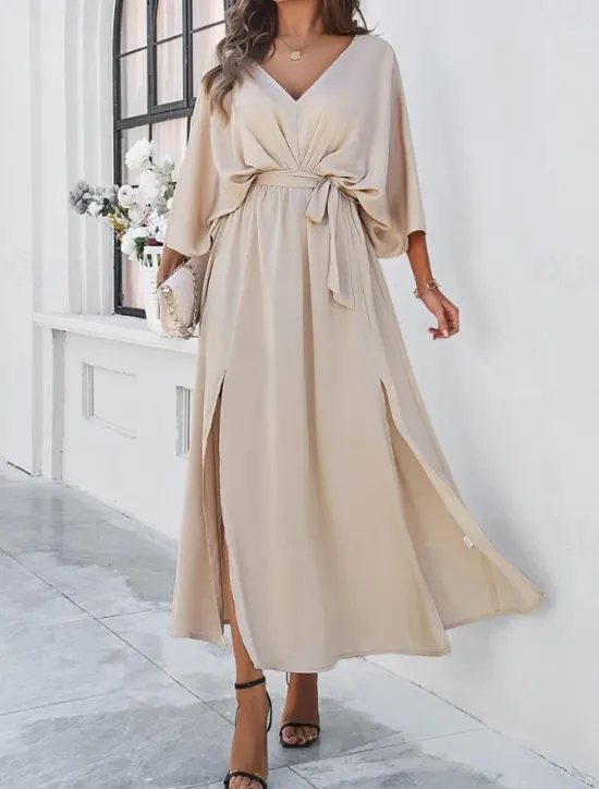 Best Women's Tiered Dress Maxi Dress Split Thigh Party Formal V Neck 3/4 Length Sleeve Batwing Sleeve Black Wine Green Color Women Work Dresses