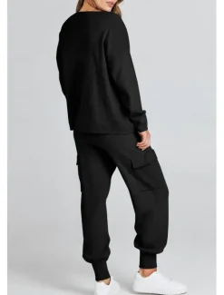 Women's Tracksuit Sweatshirt Chinos Trousers Sweater Set Long Sleeve Solid Color Black Beige Spring Loose Fit Women Two Piece Sets