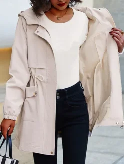 Women's Trench Coat Fall Outdoor Zipper Plain Breathable Streetwear Regular Fit Outerwear Long Sleeve Black M Women Jackets