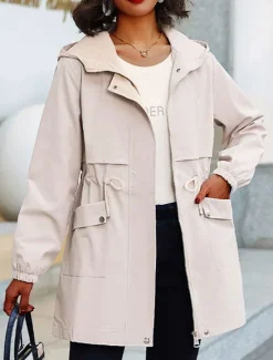 Women's Trench Coat Fall Outdoor Zipper Plain Breathable Streetwear Regular Fit Outerwear Long Sleeve Black M Women Jackets