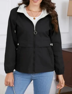 Hot Women's Trench Coat Hoodie Jacket Comfortable Breathable Zipper Pocket Casual Plain Vacation Street Daily Wear Going out Zipper Regular Hoodie Regular Fit Long Sleeve Outerwear Black Yellow Wine Women Jackets|Coats & Trench Coats