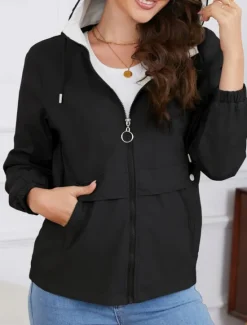 Hot Women's Trench Coat Hoodie Jacket Comfortable Breathable Zipper Pocket Casual Plain Vacation Street Daily Wear Going out Zipper Regular Hoodie Regular Fit Long Sleeve Outerwear Black Yellow Wine Women Jackets|Coats & Trench Coats