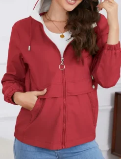 Hot Women's Trench Coat Hoodie Jacket Comfortable Breathable Zipper Pocket Casual Plain Vacation Street Daily Wear Going out Zipper Regular Hoodie Regular Fit Long Sleeve Outerwear Black Yellow Wine Women Jackets|Coats & Trench Coats