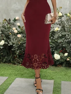 Best Women's Trumpet / Mermaid Elegant Fashion Midi High Waist Skirts Solid Colored Lace Pocket Micro-elastic Street Date Black Wine Blue Green Summer Polyester Women Skirts