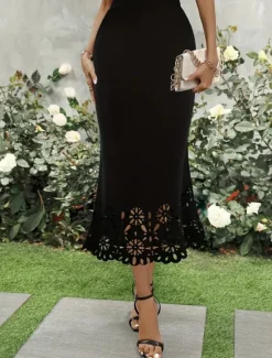 Best Women's Trumpet / Mermaid Elegant Fashion Midi High Waist Skirts Solid Colored Lace Pocket Micro-elastic Street Date Black Wine Blue Green Summer Polyester Women Skirts