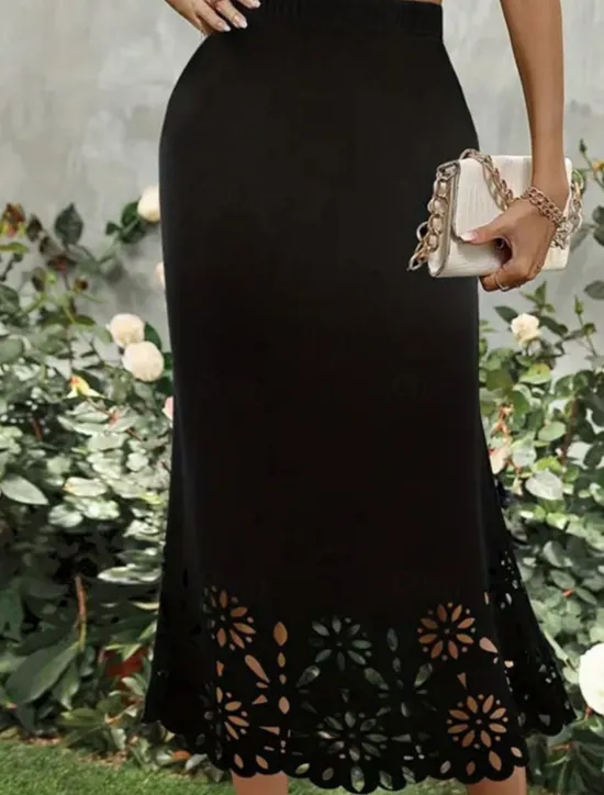 Best Women's Trumpet / Mermaid Elegant Fashion Midi High Waist Skirts Solid Colored Lace Pocket Micro-elastic Street Date Black Wine Blue Green Summer Polyester Women Skirts