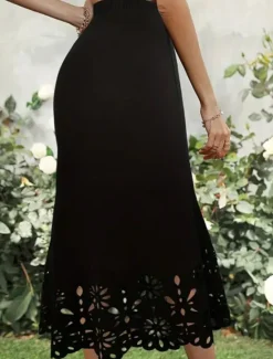 Best Women's Trumpet / Mermaid Elegant Fashion Midi High Waist Skirts Solid Colored Lace Pocket Micro-elastic Street Date Black Wine Blue Green Summer Polyester Women Skirts