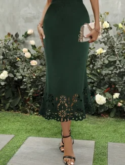 Best Women's Trumpet / Mermaid Elegant Fashion Midi High Waist Skirts Solid Colored Lace Pocket Micro-elastic Street Date Black Wine Blue Green Summer Polyester Women Skirts