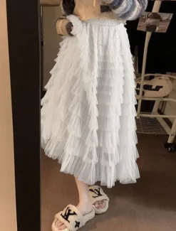 Online Women's Trumpet / Mermaid Long Skirt Maxi Skirts Ruffle Tulle Solid Colored Vacation Casual Daily Spring & Summer Tulle Summer Black White Pink Khaki Women Skirts