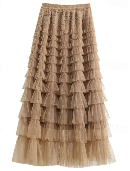 Online Women's Trumpet / Mermaid Long Skirt Maxi Skirts Ruffle Tulle Solid Colored Vacation Casual Daily Spring & Summer Tulle Summer Black White Pink Khaki Women Skirts