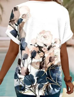 Discount Women's T-shirt Floral Print V-Neck Short Sleeve Casual Top Blush Navy Multi-size Spring Summer Daily Wear Comfortable Blouse Women Spring Tops