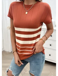 Best Women's Tunic Color Block Stylish Casual Short Sleeve Crew Neck Daily Print Maroon Black Khaki Summer Spring Fall Women Pullovers & Tops