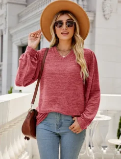 Hot Women's Tunic Cotton Shirt Plain Bohemia Stylish Basic Long Sleeve Puff Sleeve V Neck Regular Tops Daily Sports Going out Red Green Khaki Dark Gray Light Blue Spring Fall Women Women's Tops