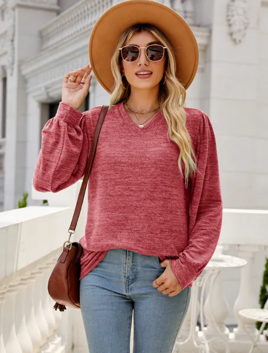 Hot Women's Tunic Cotton Shirt Plain Bohemia Stylish Basic Long Sleeve Puff Sleeve V Neck Regular Tops Daily Sports Going out Red Green Khaki Dark Gray Light Blue Spring Fall Women Women's Tops