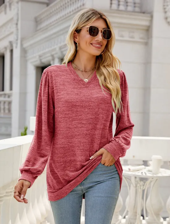 Hot Women's Tunic Cotton Shirt Plain Bohemia Stylish Basic Long Sleeve Puff Sleeve V Neck Regular Tops Daily Sports Going out Red Green Khaki Dark Gray Light Blue Spring Fall Women Women's Tops