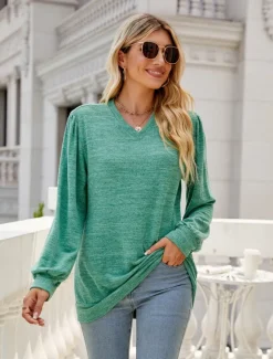 Hot Women's Tunic Cotton Shirt Plain Bohemia Stylish Basic Long Sleeve Puff Sleeve V Neck Regular Tops Daily Sports Going out Red Green Khaki Dark Gray Light Blue Spring Fall Women Women's Tops