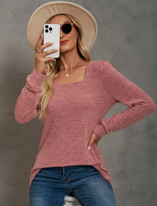 Hot Women's Tunic Cotton Shirt Plain Bohemia Stylish Basic Long Sleeve Puff Sleeve Square Neck Regular Tops Daily Sports Going out Black Pink Purple Green Khaki Spring Fall Women Women's Tops