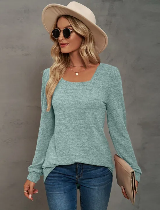 Hot Women's Tunic Cotton Shirt Plain Bohemia Stylish Basic Long Sleeve Puff Sleeve Square Neck Regular Tops Daily Sports Going out Black Pink Purple Green Khaki Spring Fall Women Women's Tops