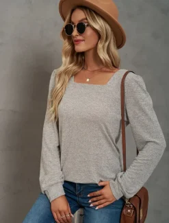 Hot Women's Tunic Cotton Shirt Plain Bohemia Stylish Basic Long Sleeve Puff Sleeve Square Neck Regular Tops Daily Sports Going out Black Pink Purple Green Khaki Spring Fall Women Women's Tops