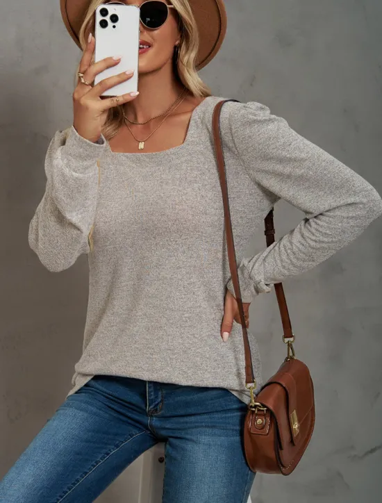 Hot Women's Tunic Cotton Shirt Plain Bohemia Stylish Basic Long Sleeve Puff Sleeve Square Neck Regular Tops Daily Sports Going out Black Pink Purple Green Khaki Spring Fall Women Women's Tops