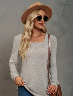 Hot Women's Tunic Cotton Shirt Plain Bohemia Stylish Basic Long Sleeve Puff Sleeve Square Neck Regular Tops Daily Sports Going out Black Pink Purple Green Khaki Spring Fall Women Women's Tops