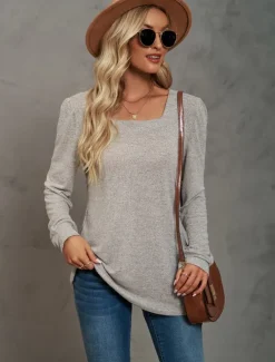 Hot Women's Tunic Cotton Shirt Plain Bohemia Stylish Basic Long Sleeve Puff Sleeve Square Neck Regular Tops Daily Sports Going out Black Pink Purple Green Khaki Spring Fall Women Women's Tops