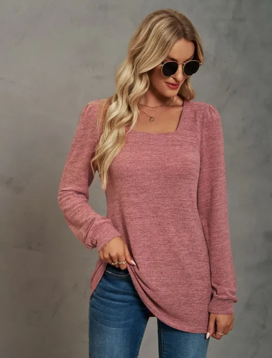 Hot Women's Tunic Cotton Shirt Plain Bohemia Stylish Basic Long Sleeve Puff Sleeve Square Neck Regular Tops Daily Sports Going out Black Pink Purple Green Khaki Spring Fall Women Women's Tops
