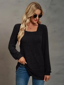Hot Women's Tunic Cotton Shirt Plain Bohemia Stylish Basic Long Sleeve Puff Sleeve Square Neck Regular Tops Daily Sports Going out Black Pink Purple Green Khaki Spring Fall Women Women's Tops