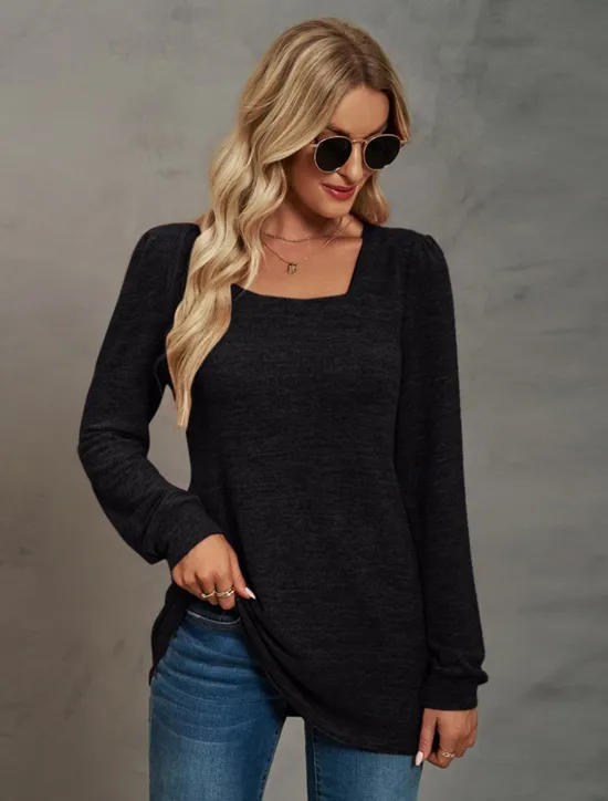 Hot Women's Tunic Cotton Shirt Plain Bohemia Stylish Basic Long Sleeve Puff Sleeve Square Neck Regular Tops Daily Sports Going out Black Pink Purple Green Khaki Spring Fall Women Women's Tops