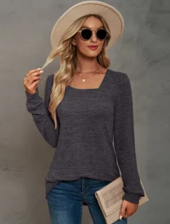 Hot Women's Tunic Cotton Shirt Plain Bohemia Stylish Basic Long Sleeve Puff Sleeve Square Neck Regular Tops Daily Sports Going out Black Pink Purple Green Khaki Spring Fall Women Women's Tops