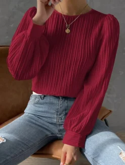 Online Women's Tunic Elegant Casual Solid Color Lantern Sleeve Long Sleeve Regular Tops Crew Neck Daily White Wine Blue Purple Spring Fall Women Blouses & Shirts