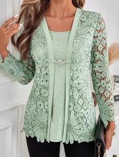 Sale Women's Tunic Elegant Long Sleeve Square Neck Regular Tops Vacation Valentine's Day Daily Lace Buttons Eyelet Spring Fall Women Tunic Tops