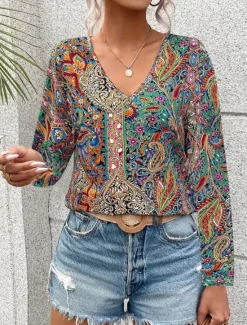Clearance Women's Tunic Fashion Casual Print Long Sleeve Regular Tops V Neck Daily Red Blue Green Spring Fall Women Boho Tops