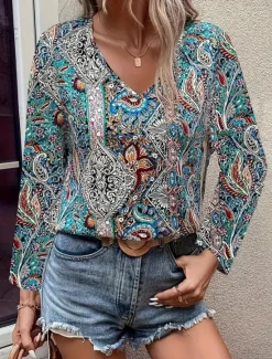 Clearance Women's Tunic Fashion Casual Print Long Sleeve Regular Tops V Neck Daily Red Blue Green Spring Fall Women Boho Tops