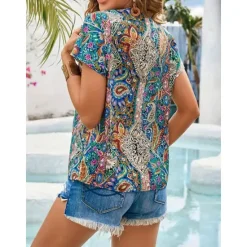 Discount Women's Tunic Graphic Daily Stylish Short Sleeve Cap Sleeve V Neck Regular Tops Vacation Daily Contrast Lace Summer Spring Fall Women Blouses & Shirts