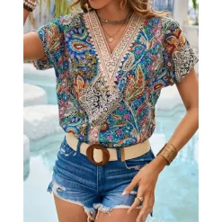 Discount Women's Tunic Graphic Daily Stylish Short Sleeve Cap Sleeve V Neck Regular Tops Vacation Daily Contrast Lace Summer Spring Fall Women Blouses & Shirts